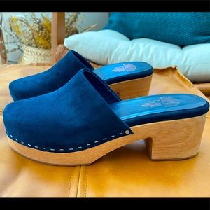 Gorgeous navy suede clogs, worn once indoors. Comes with box!